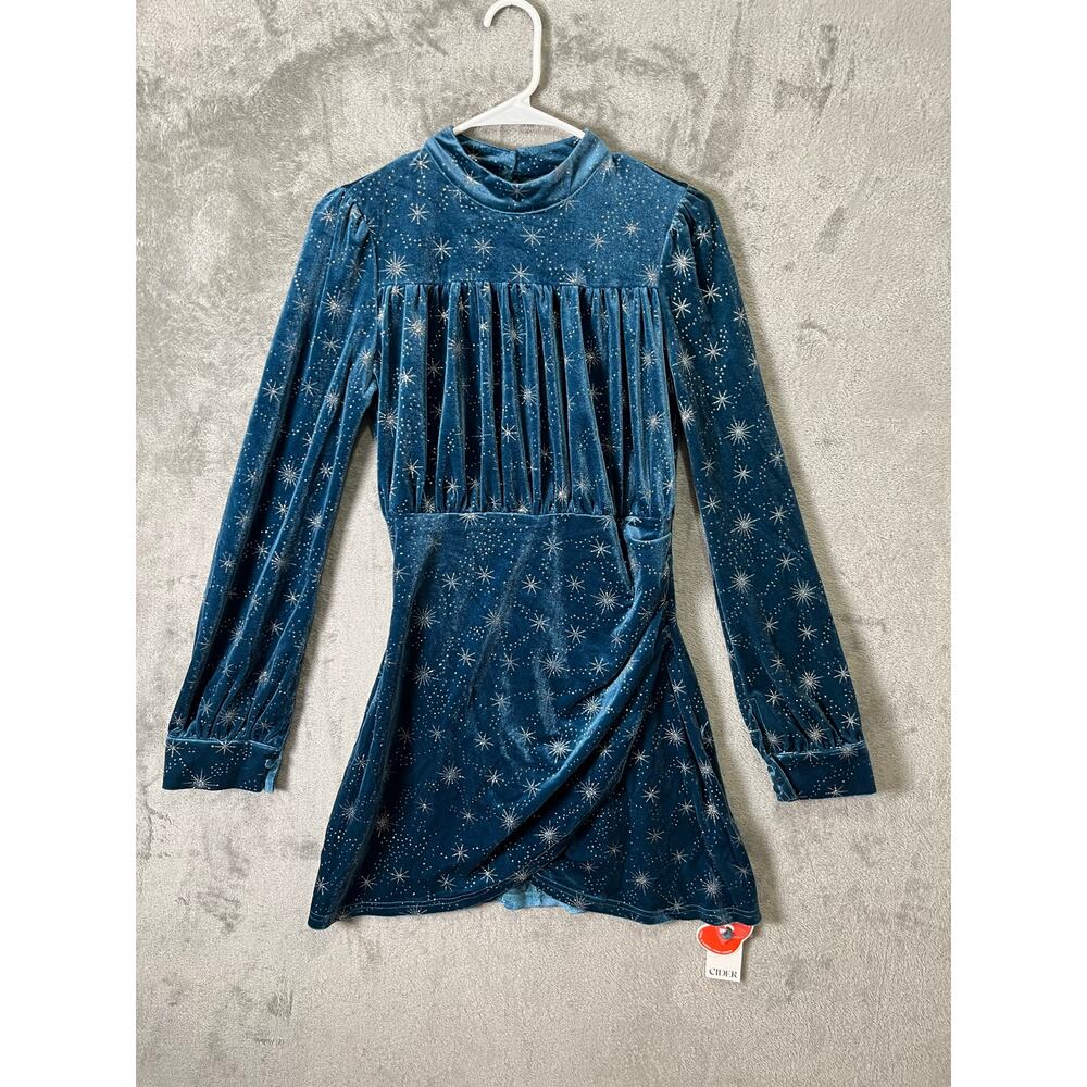 Blue Velvet‎ Star Print Mock Neck Mini Dress Celestial Whimsigoth Ethereal Fairy